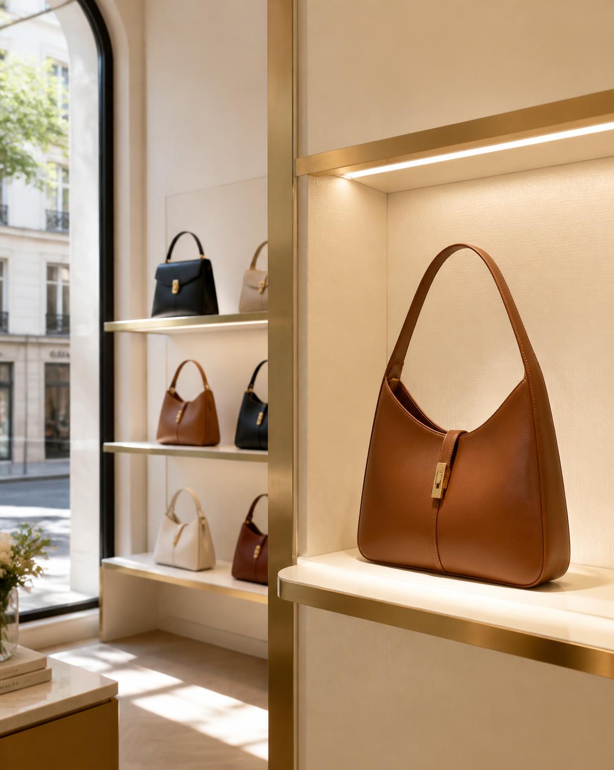 A simple leather handbag displayed on a lit shelf among other bags in a luxury boutique