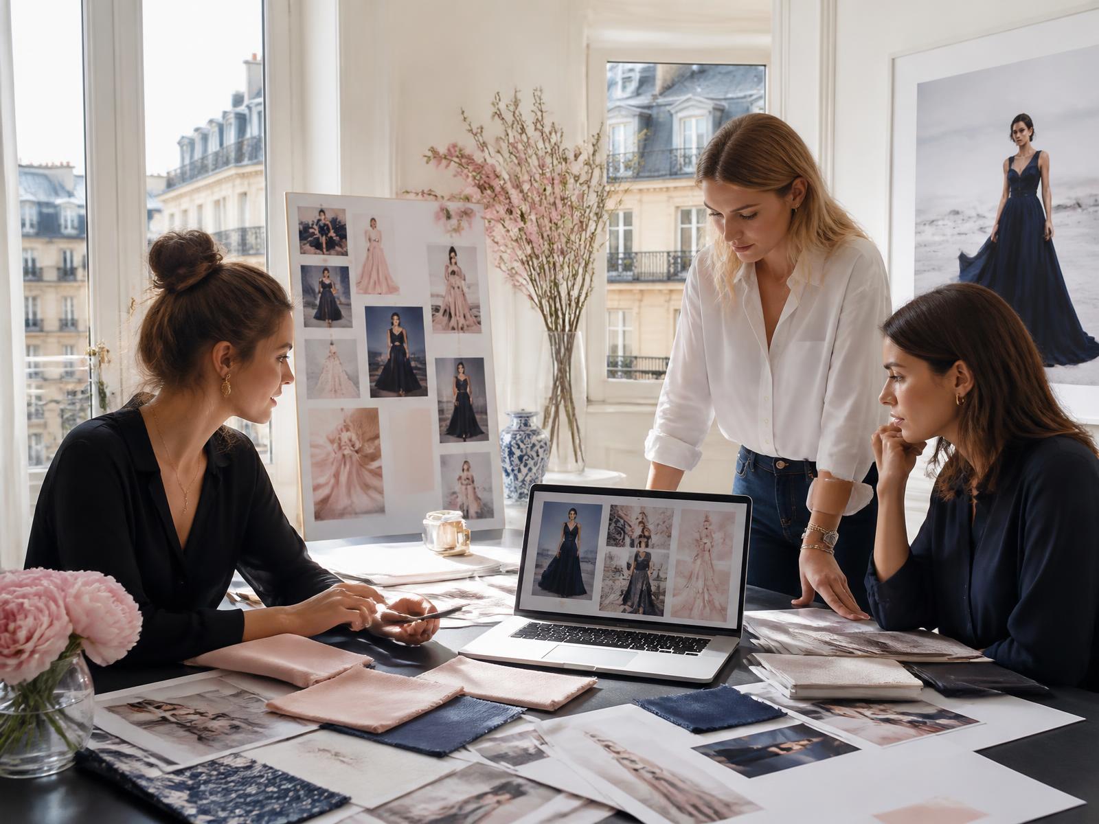 Fashion marketing team reviewing a luxury campaign moodboard in a Paris studio